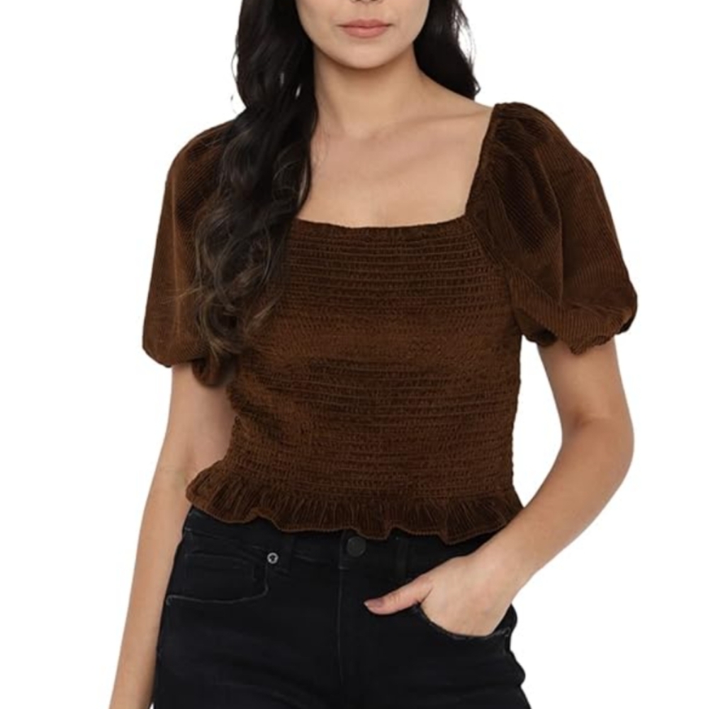 American Eagle Burnt Brown Corduroy Smocked Cropped Puff Sleeves Blouse - Picture 2 of 8